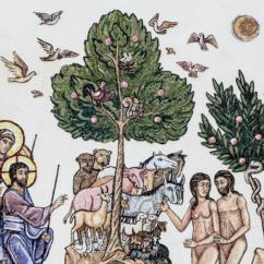 Al centro della scena una piccola altura in cui sta l'Albero della Vita 